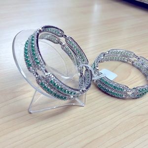 Silver bangle set of 4 with cubic zirconia and green stones - medium (2.375 in)